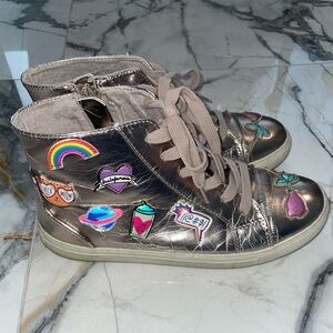Steve Madden Rose Gold Metallic High-Top Sneakers with Floral Embroidery/Patches
